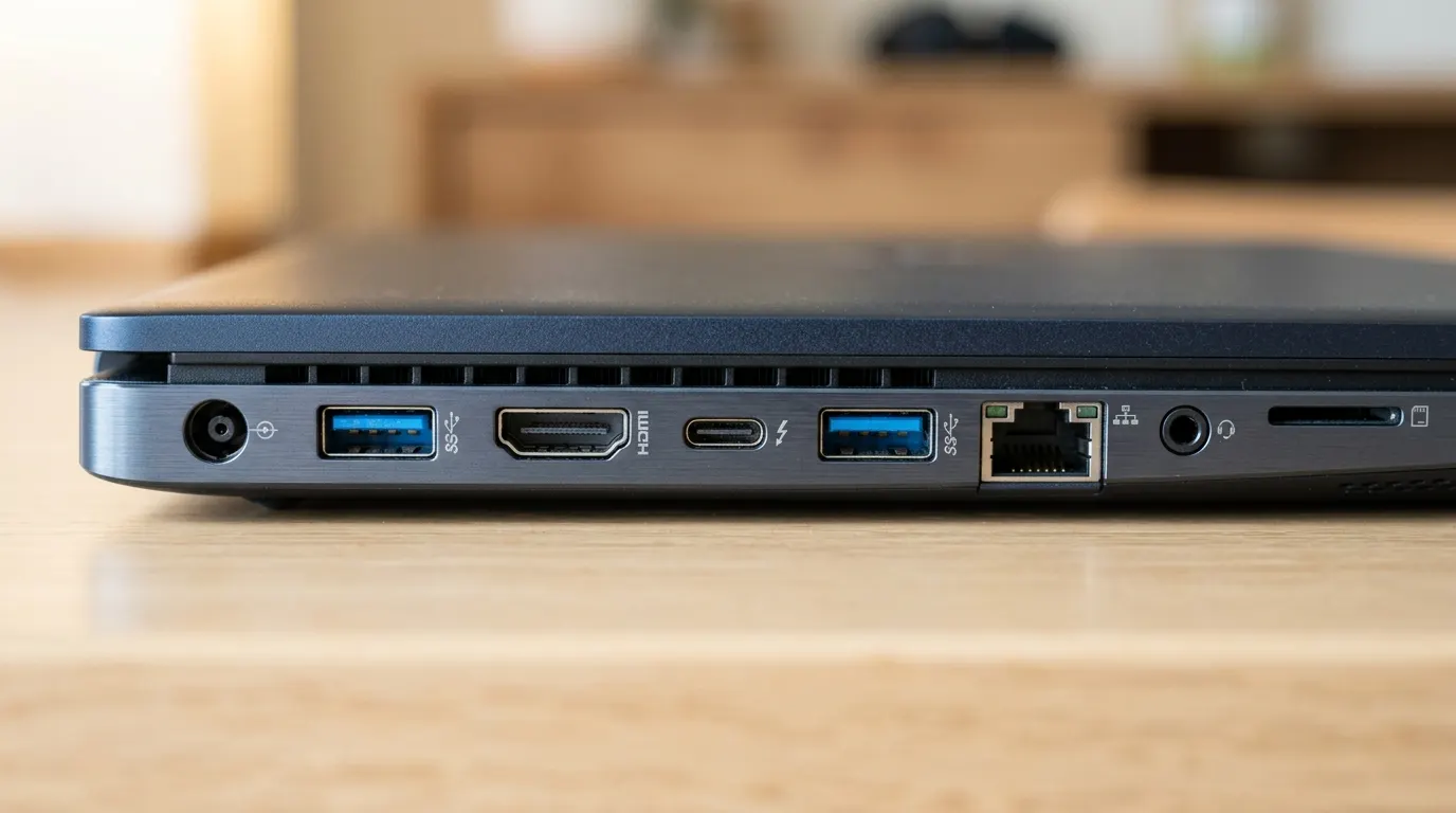 Boczna krawędź laptopa biznesowego z rzędem portów - USB-A 3.0, HDMI, USB-C Thunderbolt, Ethernet, jack słuchawkowy, slot microSD