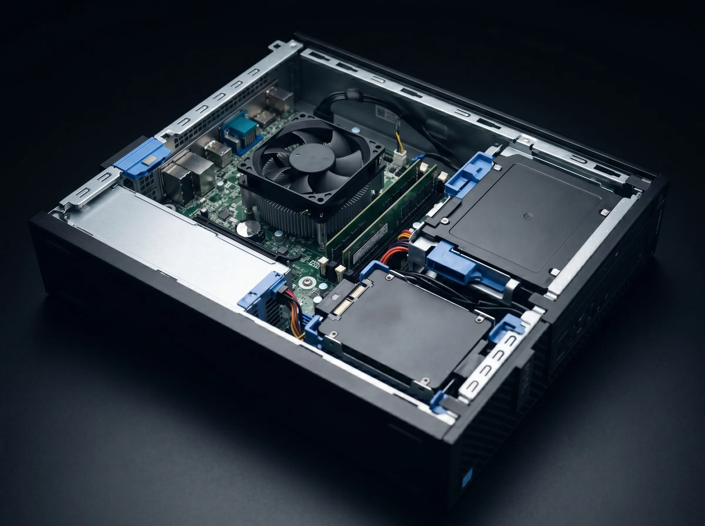 OptiPlex SFF z otwartą obudową od góry - widoczna chłodnica CPU, sloty RAM, kable dysków, niebieskie elementy tool-less