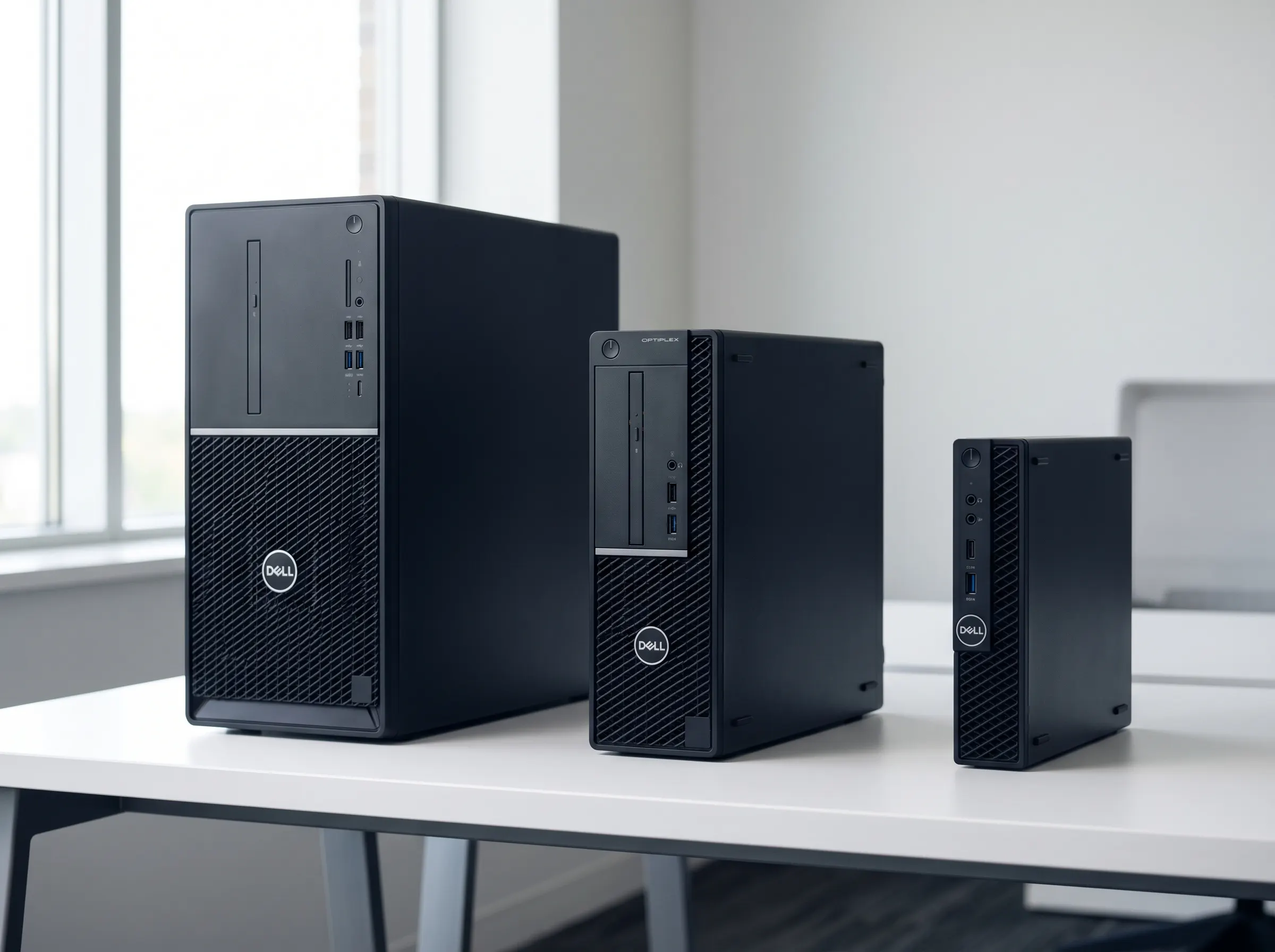 Trzy obudowy Dell OptiPlex obok siebie - Tower, SFF i Micro - na białym biurku w biurze
