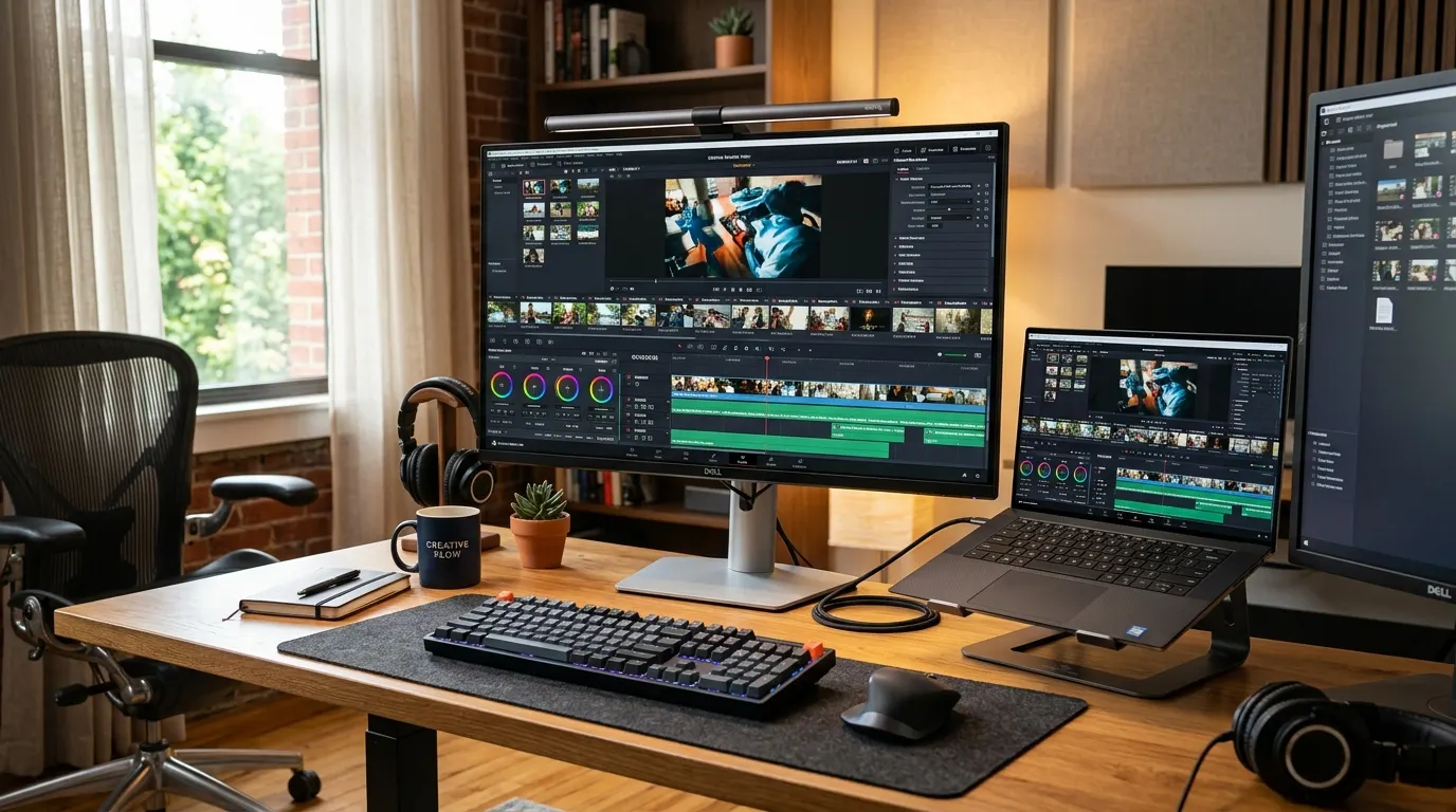 Premium home office workspace z 32-calowym monitorem Dell pokazującym DaVinci Resolve i drugim monitorem portretowym