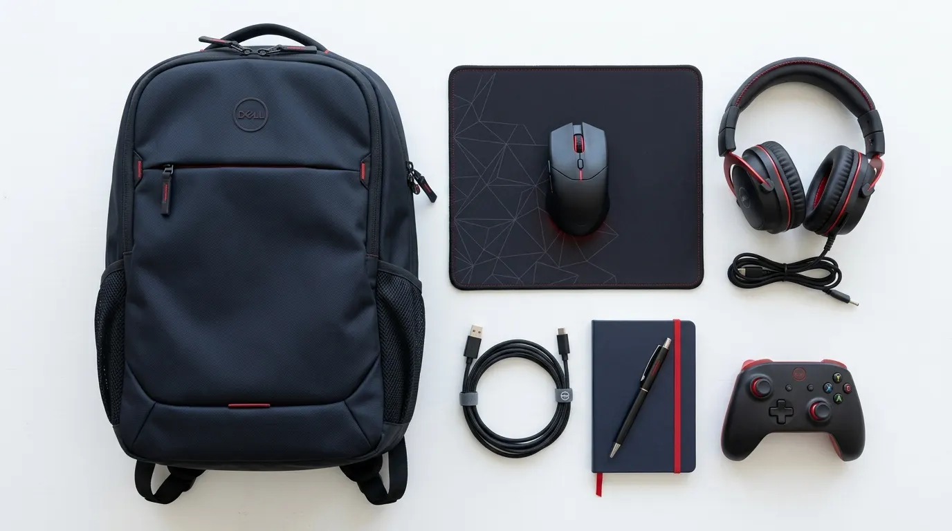 Zestaw akcesoriów do laptopa na komunię - granatowy plecak Dell z czerwonym logo, mata gamingowa, mysz, słuchawki, pad Xbox, kabel USB-C, notes