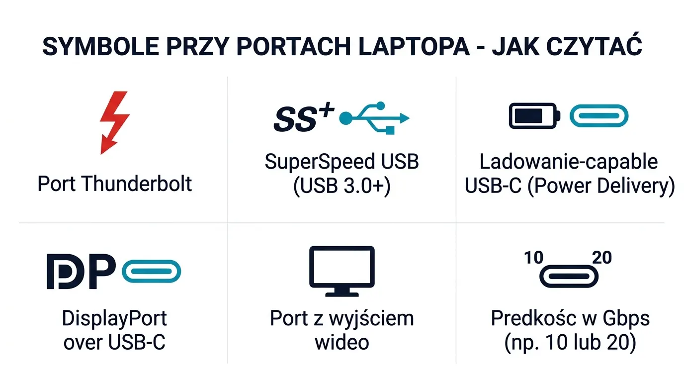 Cheat sheet z symbolami przy portach laptopa - Thunderbolt, USB SuperSpeed, Power Delivery, DisplayPort, wyjście wideo, prędkość Gbps
