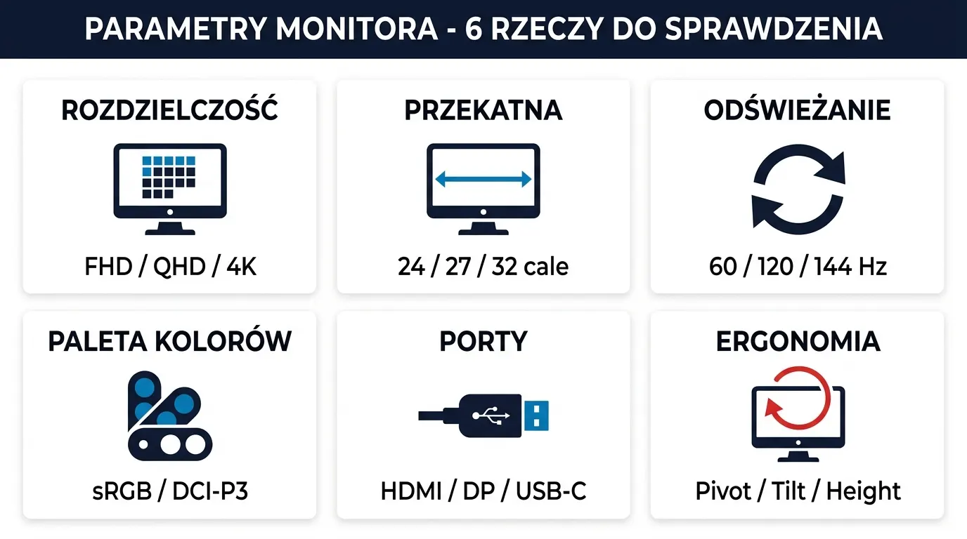 Infografika prezentująca sześć kluczowych parametrów monitora - rozdzielczość, przekątna, odświeżanie, paleta kolorów, porty, ergonomia