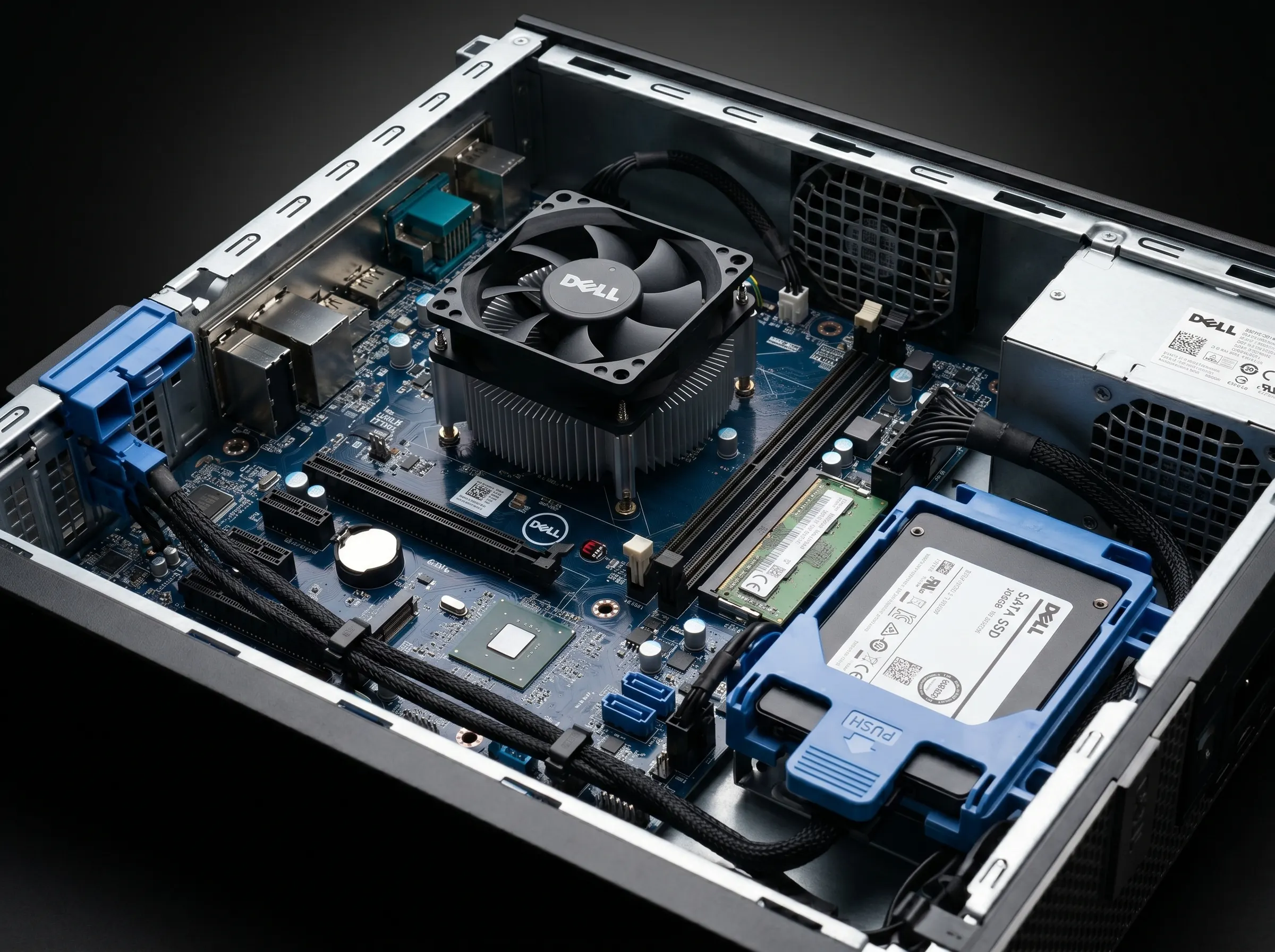 Wnętrze Dell OptiPlex SFF z otwartym bokiem - widoczna płyta główna z logo Dell, chłodnica CPU, dysk SSD w niebieskiej ramce tool-less