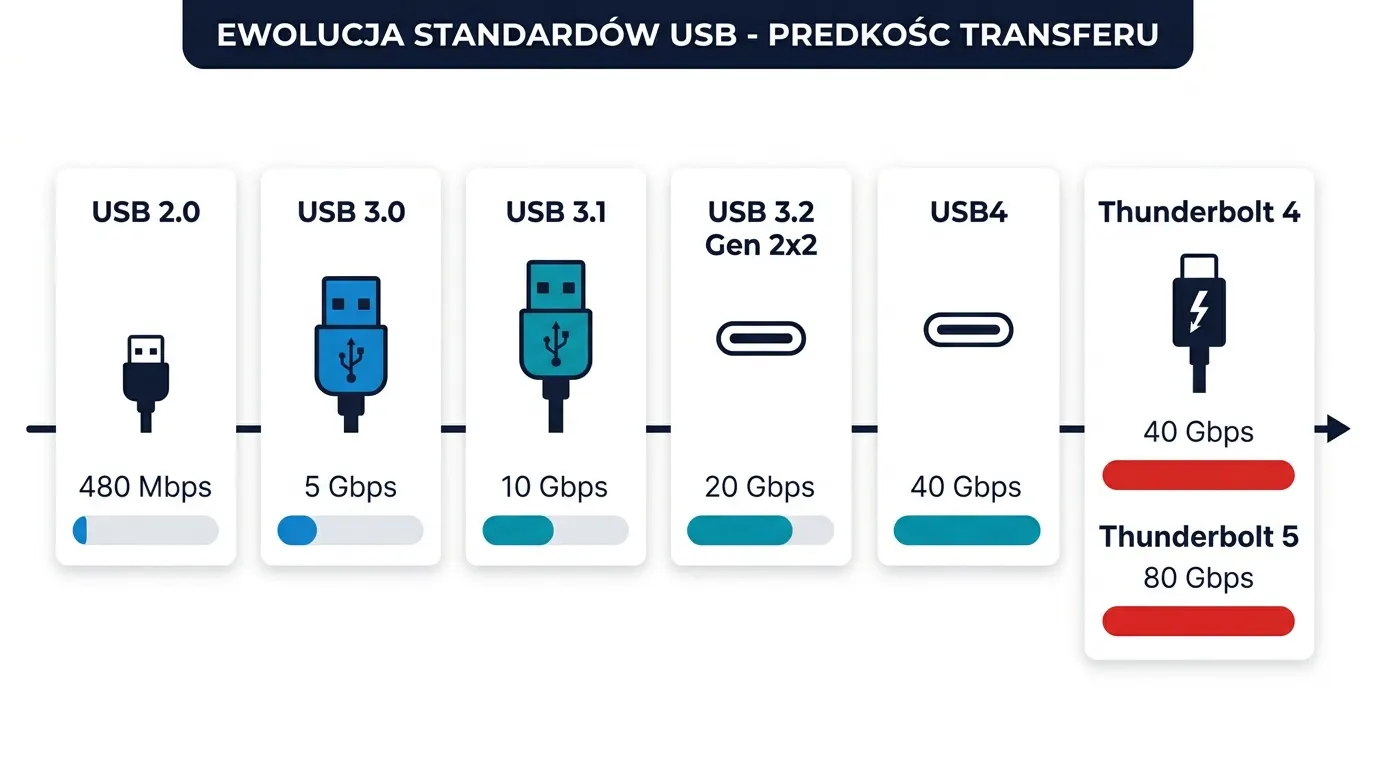 Infografika prezentująca ewolucję standardów USB - od USB 2.0 przez USB 3.0, 3.1, 3.2, USB4 do Thunderbolt 4 i 5