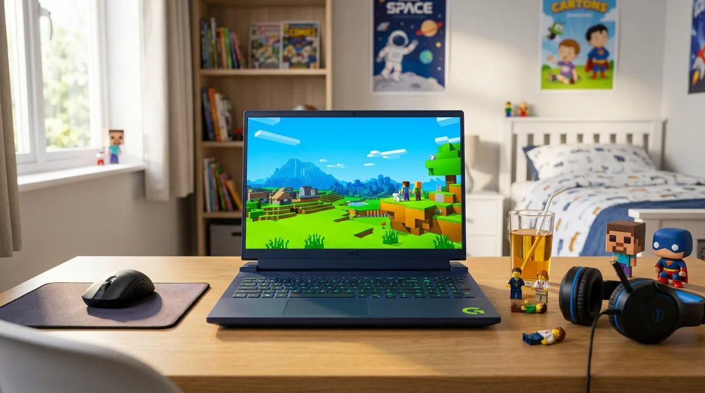 Dell Inspiron G16 7630 z zielonym logo G otwarty w pokoju dziecka - wyświetla Minecraft - obok figurki Steve i Captain America, słuchawki, mata gamingowa