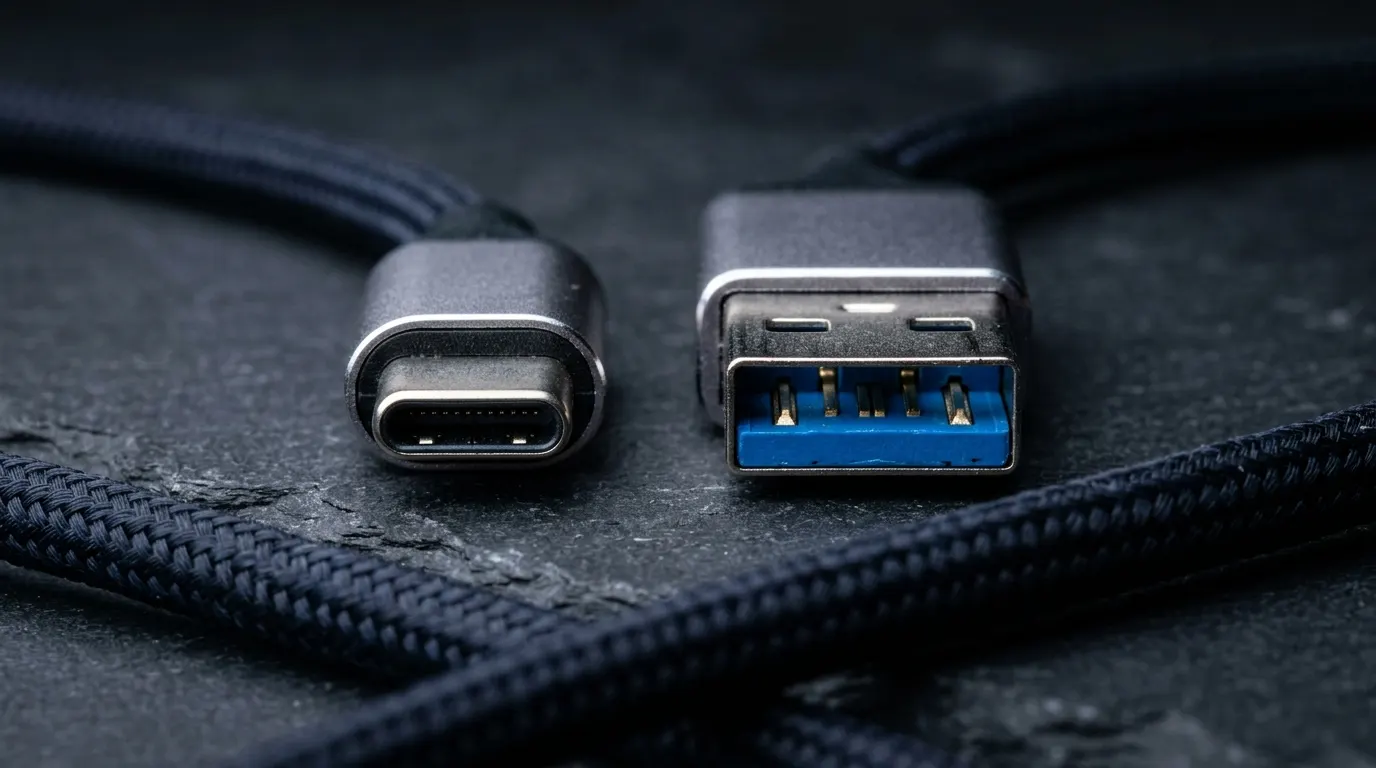 Porównanie makro - wtyczka USB-C obok wtyczki USB-A 3.0 z charakterystycznym niebieskim językiem