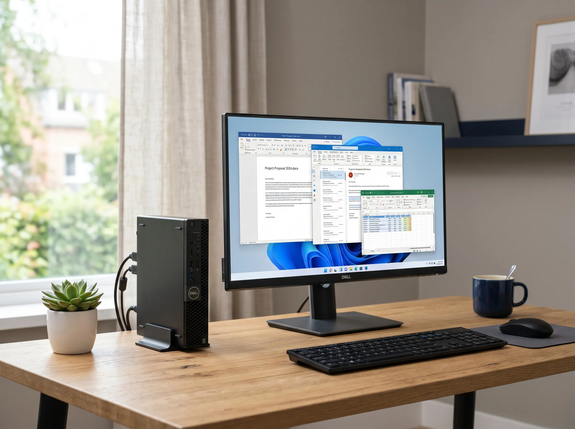 Dell OptiPlex Micro ustawiony obok 24-calowego monitora Dell na drewnianym biurku w domowym biurze