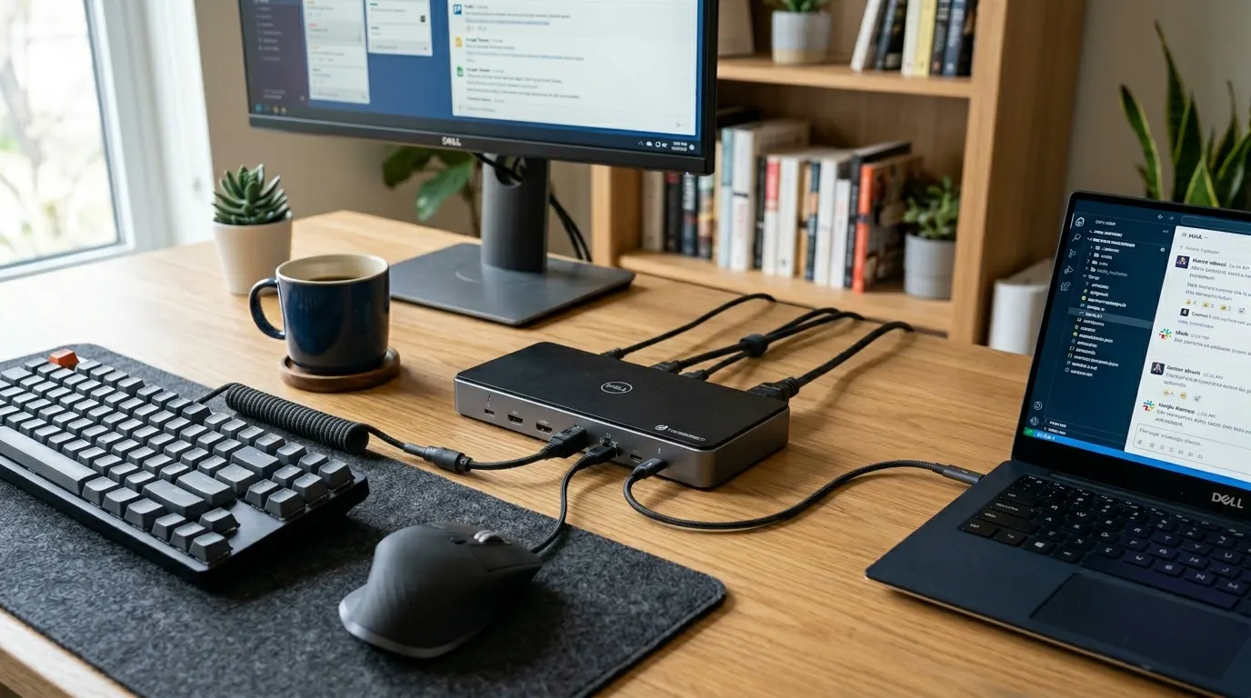 Stacja dokująca Dell na biurku z podłączonymi kablami - monitor, klawiatura, mysz, ethernet, jeden kabel USB-C do laptopa