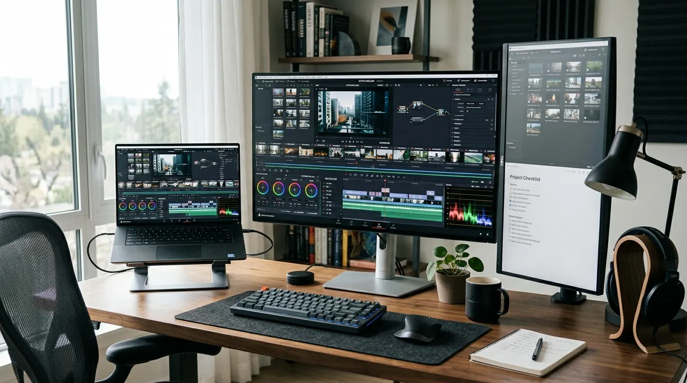 Premium home office z dużym 32-calowym monitorem Dell wyświetlającym DaVinci Resolve i dodatkowym monitorem portretowym