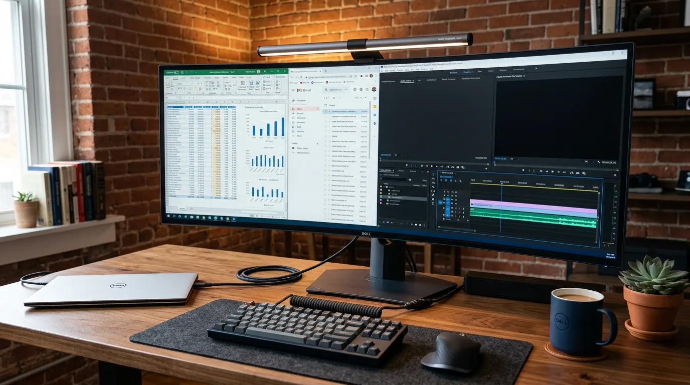 Zakrzywiony monitor Dell ultrawide na biurku z trzema aplikacjami obok siebie - Excel z wykresami, Gmail i Adobe Premiere Pro