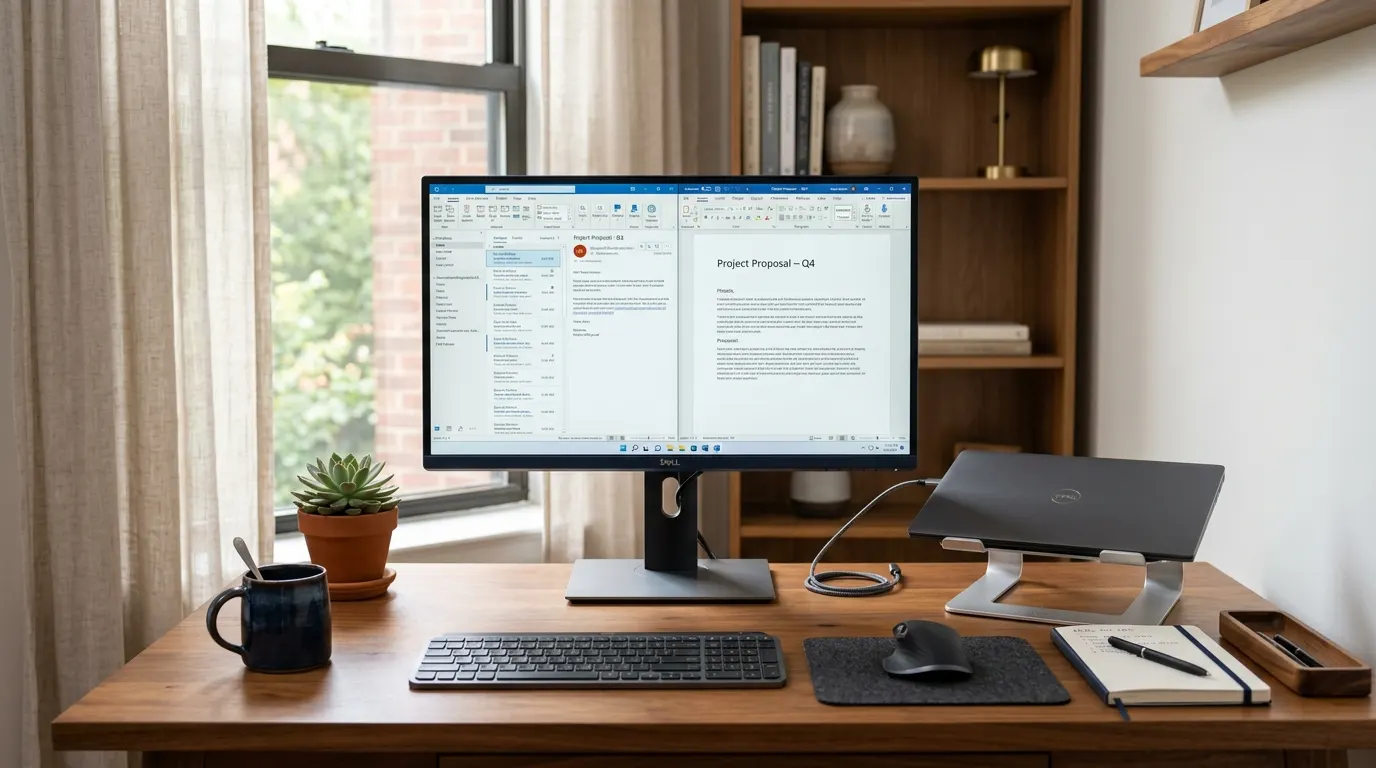 Monitor 24 cale Dell na kompaktowym biurku w home office - z otwartym Outlookiem i Wordem