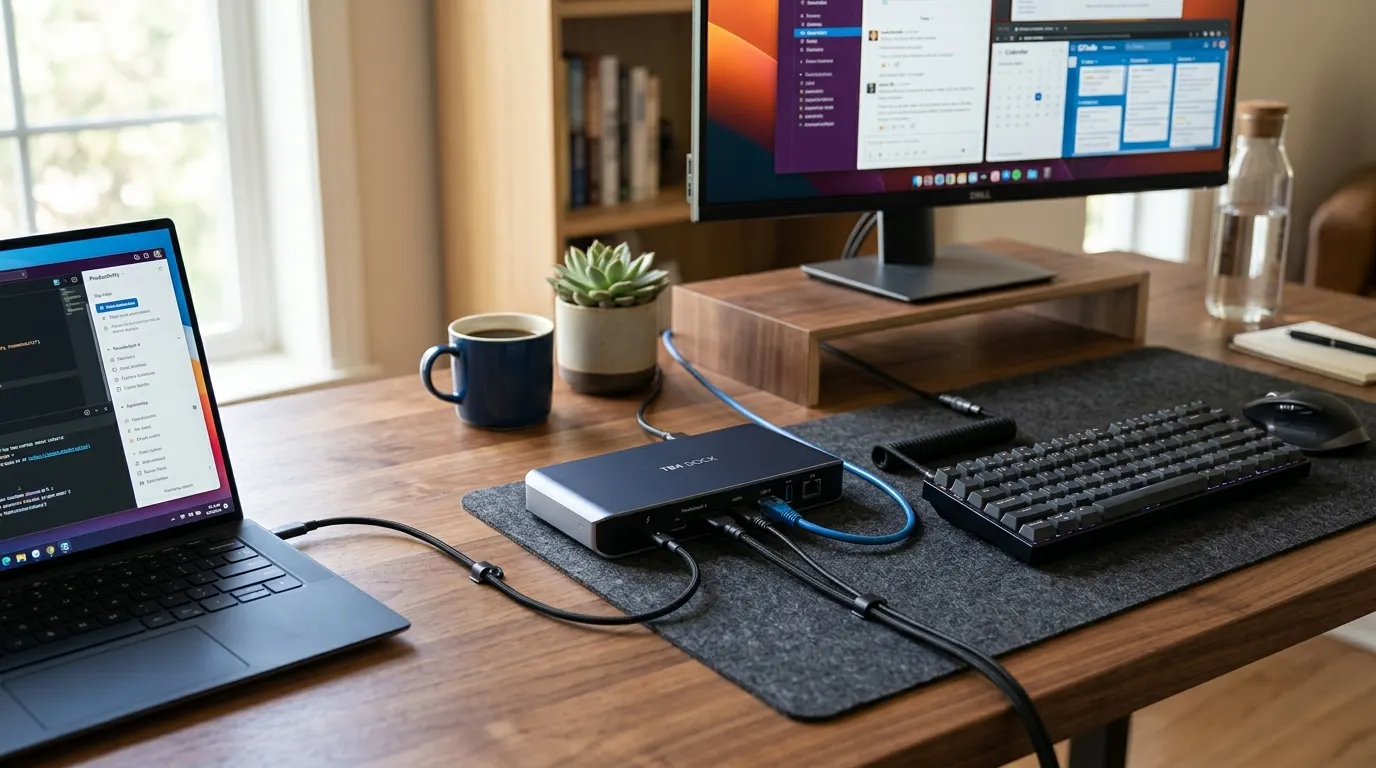Stanowisko pracy programisty - laptop Dell z jednym kablem USB-C do stacji dokującej Thunderbolt, monitor Dell z VS Code