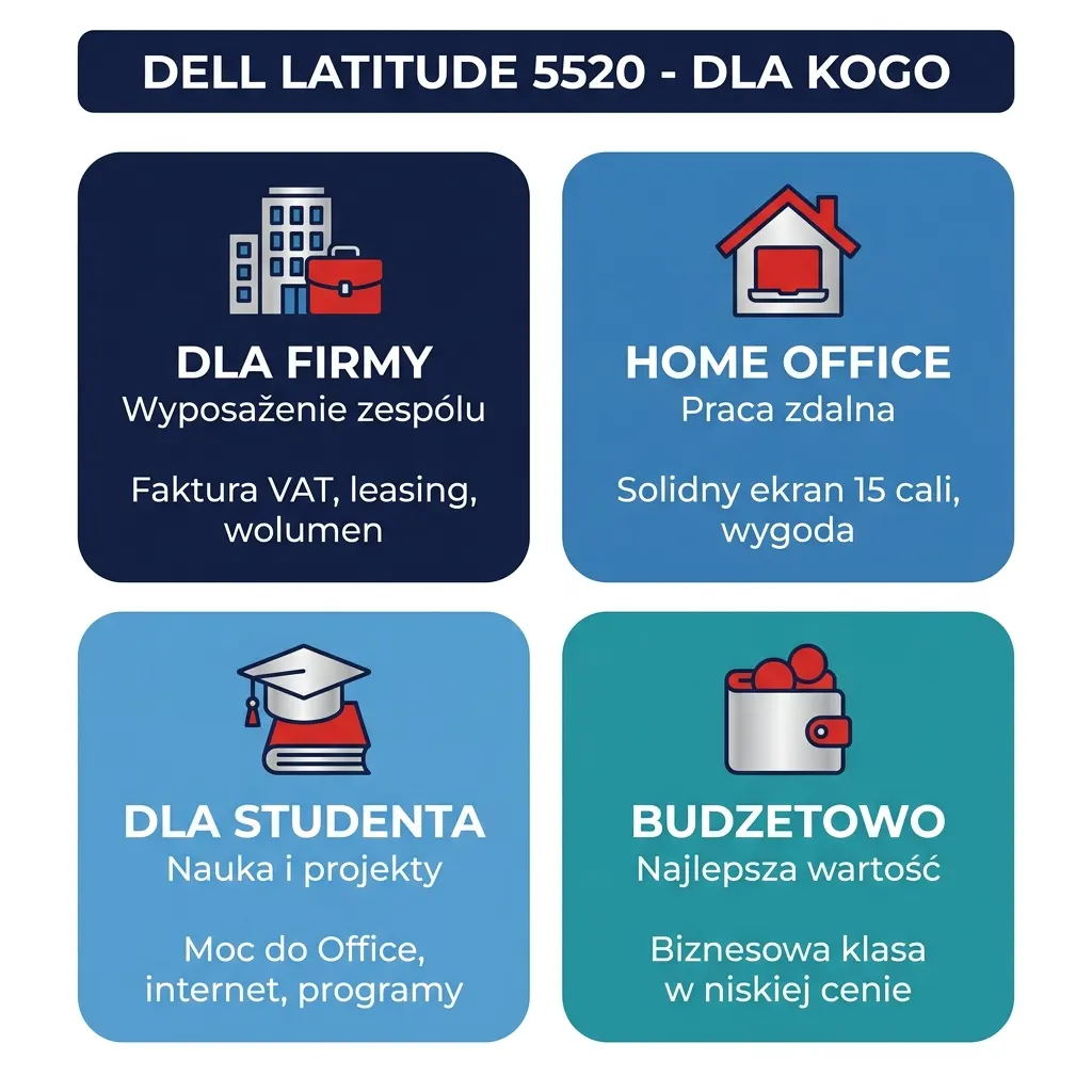 Infografika - Dell Latitude 5520 dla kogo - cztery scenariusze: dla firmy, home office, dla studenta, budżetowo