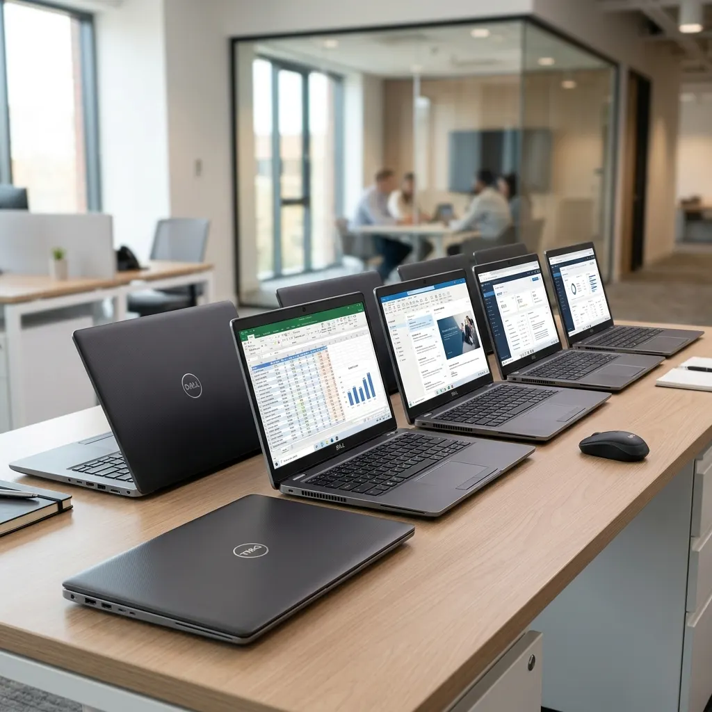 Flota laptopów Dell Latitude 5520 ustawionych w rzędzie na biurku w nowoczesnym biurze - wyposażenie zespołu firmowego