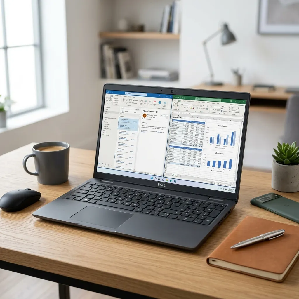 Dell Latitude 5520 otwarty na biurku domowym - ekran pokazuje Outlook i Excel z wykresami, obok kubek kawy, mysz, notes