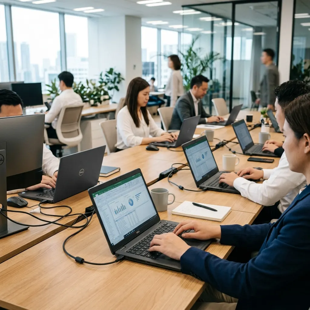 Zespół pracowników w nowoczesnym biurze, każdy pracuje na identycznym laptopie Dell Latitude - jednolita flota firmowa