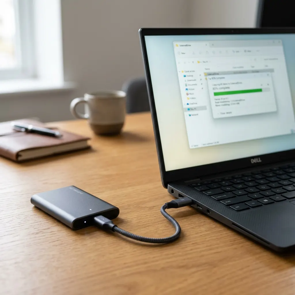 Zewnętrzny dysk SSD podłączony kablem USB-C do laptopa Dell - na ekranie pasek postępu kopiowania plików, biurko z kubkiem kawy i notesem