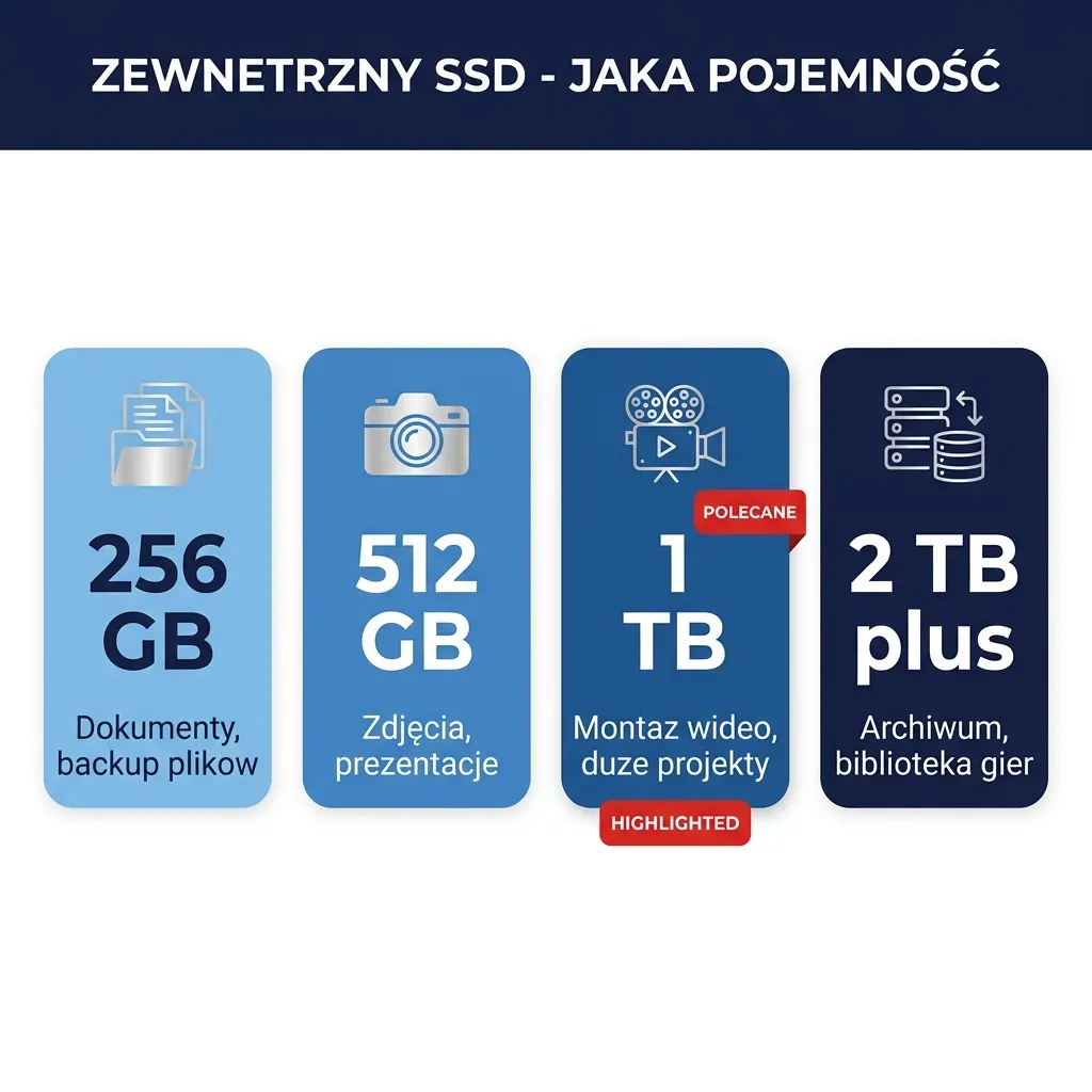 Infografika pojemności zewnętrznego SSD - 256 GB dokumenty i backup, 512 GB zdjęcia i prezentacje, 1 TB montaż wideo i duże projekty, 2 TB plus archiwum i biblioteka gier
