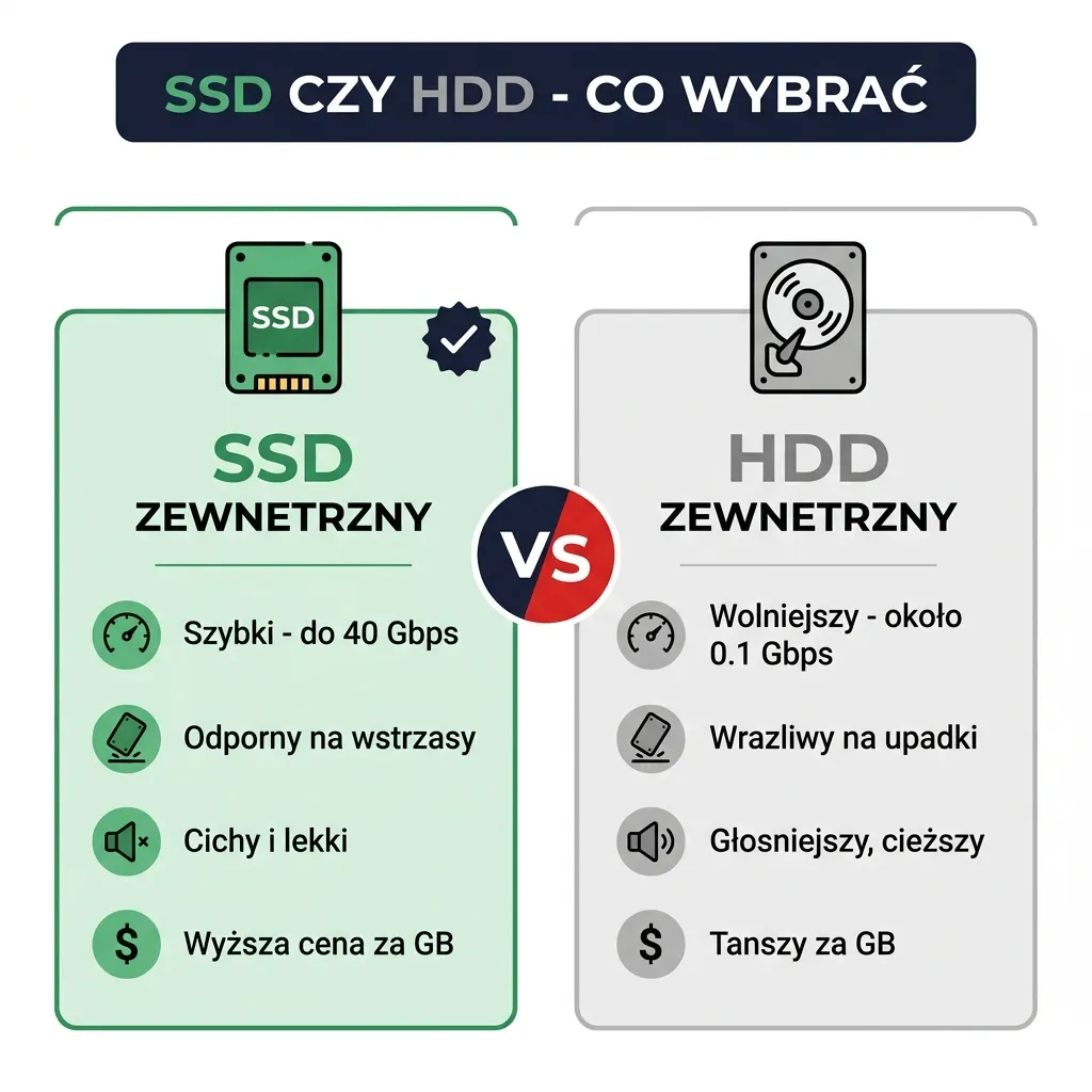 Infografika porównująca zewnętrzny SSD i HDD - SSD szybki do 40 Gbps, odporny na wstrząsy, cichy, droższy za GB; HDD wolniejszy, wrażliwy na upadki, głośniejszy, tańszy