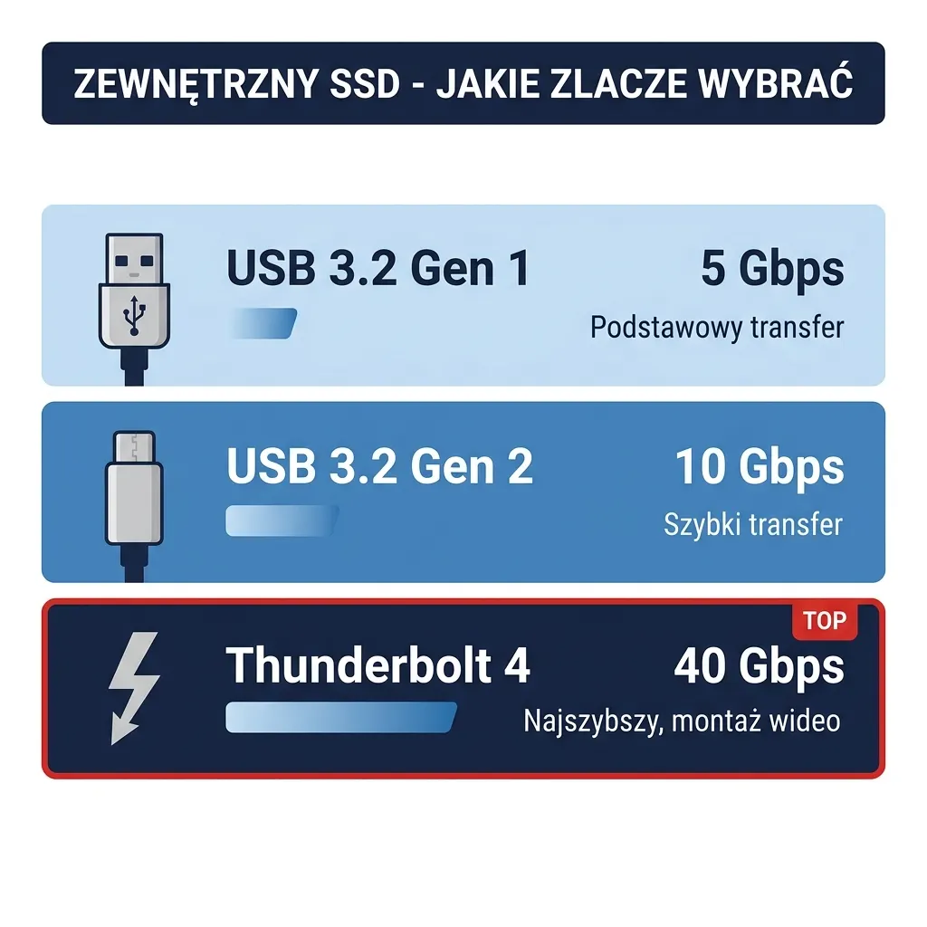 Infografika porównująca złącza dla zewnętrznego SSD - USB 3.2 Gen 1 5 Gbps, USB 3.2 Gen 2 10 Gbps, Thunderbolt 4 40 Gbps