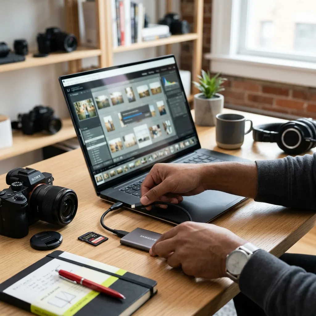 Fotograf przy biurku podłącza zewnętrzny dysk SSD przez USB-C do laptopa - na ekranie program do obróbki zdjęć, obok aparat i karta SD