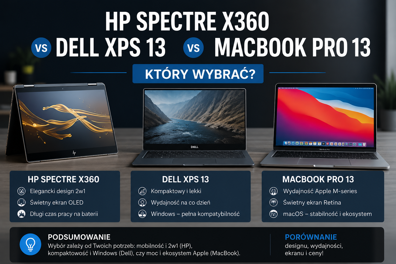 HP Spectre x360 vs Dell XPS 13 vs MacBook Pro 13 — który wybrać