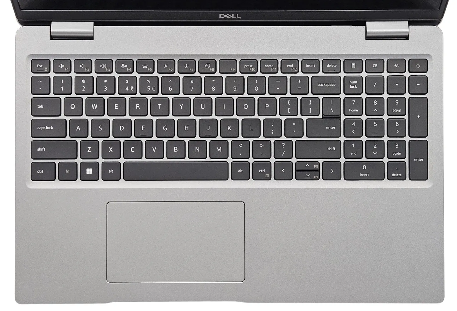 Dell Latitude 5520 - widok z góry na pełnowymiarową klawiaturę z blokiem numerycznym, duży gładzik, srebrny palm rest