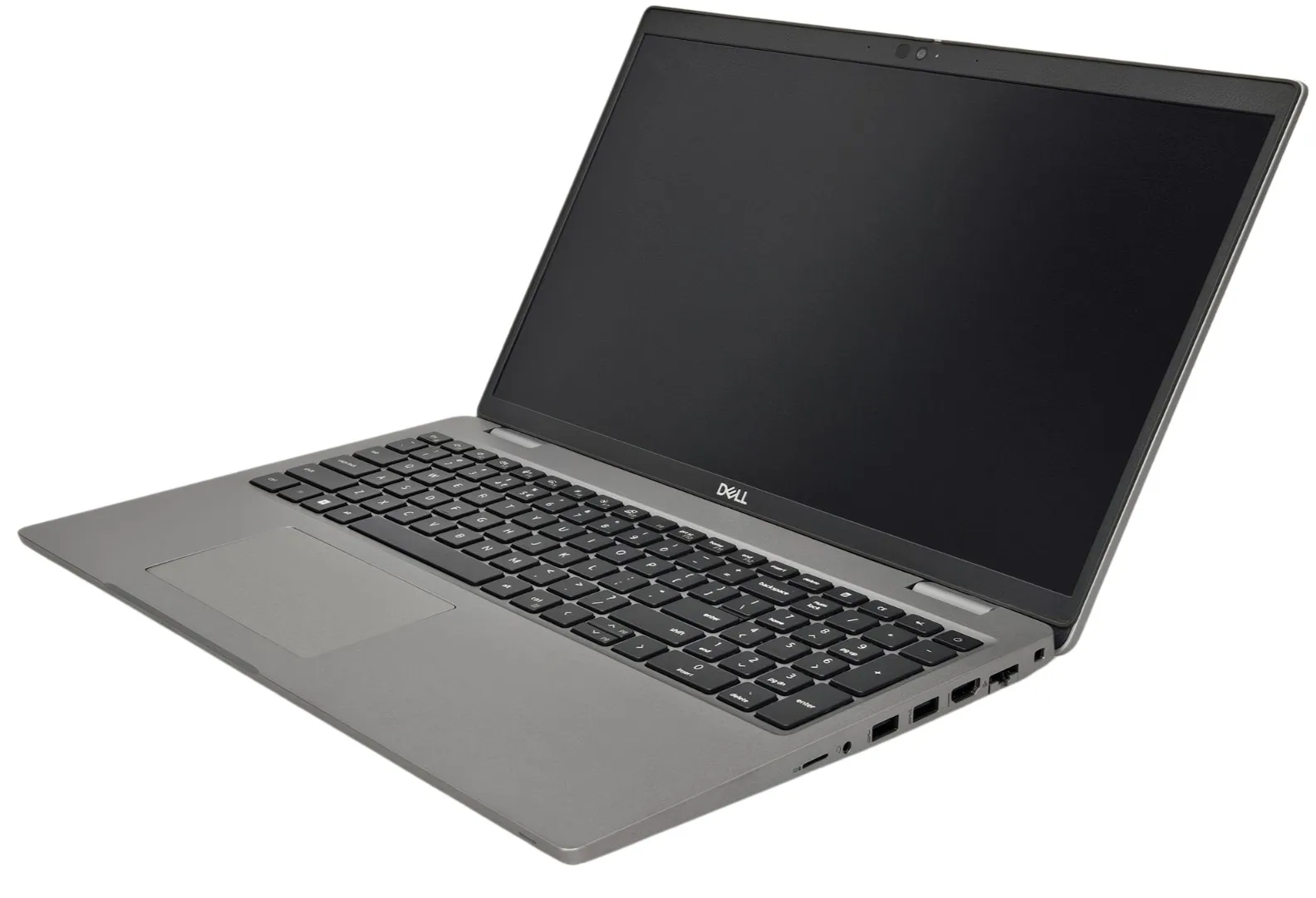 Dell Latitude 5520 - widok 3/4 otwartego laptopa, srebrna obudowa, pełna klawiatura z blokiem numerycznym, logo Dell