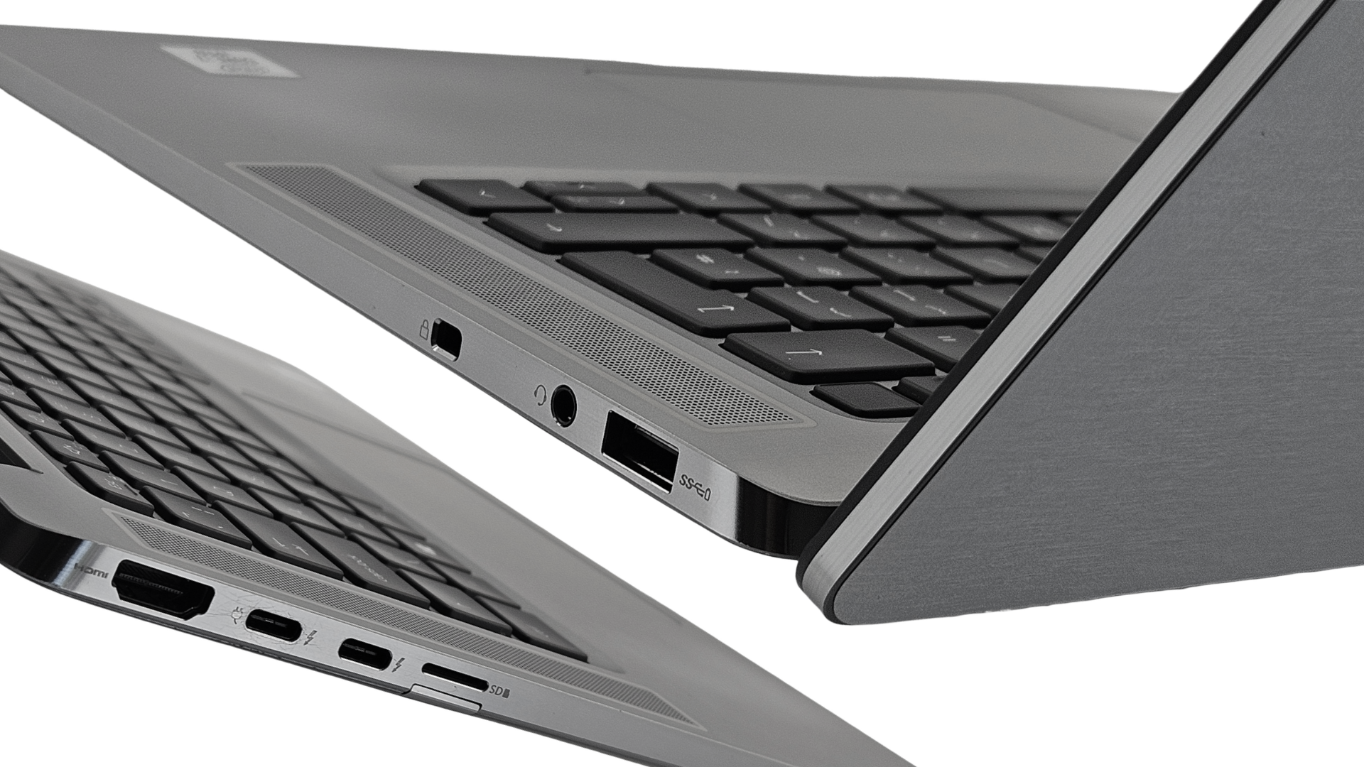 Zbliżenie portów Dell Latitude 9510 – HDMI, dwa USB-C Thunderbolt 3, czytnik microSD, USB-A i gniazdo audio