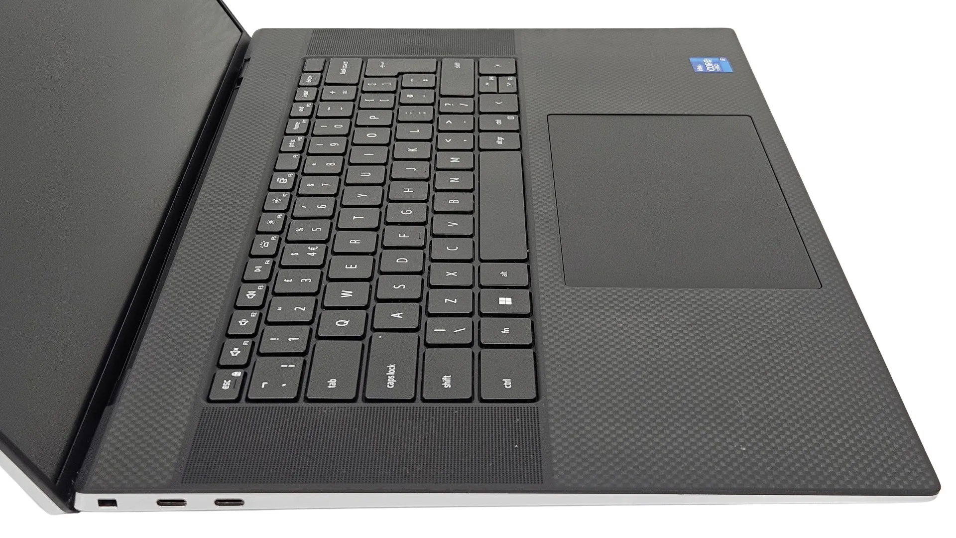 Dell Precision 5760 - widok boczny z portami - Kensington Lock, 2x USB-C Thunderbolt 4, palm rest z włókna węglowego