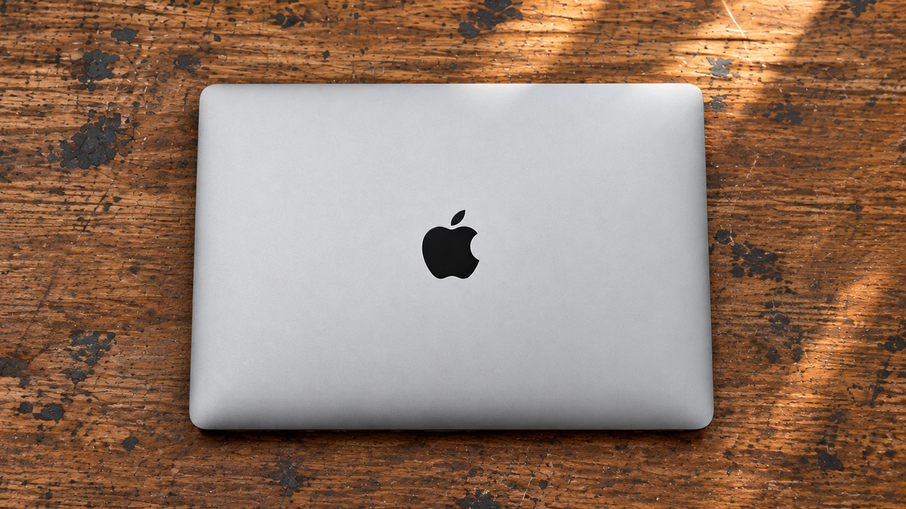 Zamknięty Apple MacBook Air z widocznym logo Apple na drewnianym blacie.