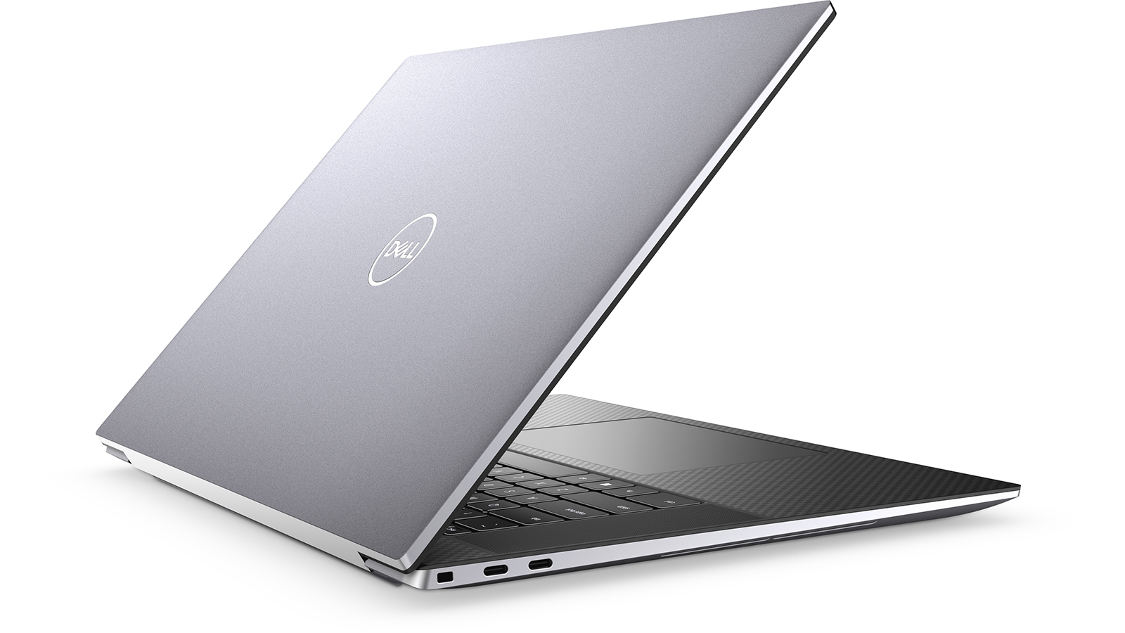 Dell Precision 5760 - oficjalny render Della pokazujący srebrną obudowę aluminiową z logo Dell, włókno węglowe palm rest, smukły profil