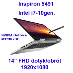 2w1 DELL Inspiron 5491 i7-10510U 8GB 256SSD 14,1 FHD 1920x1080 Touch-Obrót GeForce MX230 2GB Kam WiFi BT Win10PL Gw12mc