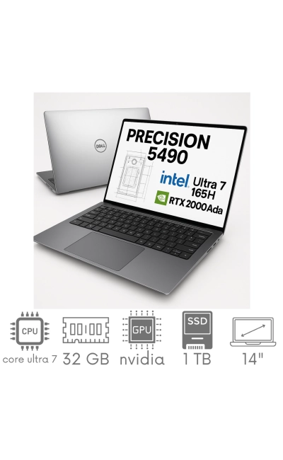 Stacja Graficzno-Robocza DELL Precision 5490 Ultra 7 165H 32GB 1TB SSD 14" FHD+ 1920x1200 RTX 2000 Ada 8GB WiFi BT KAM Win11Pro Gw12Mc