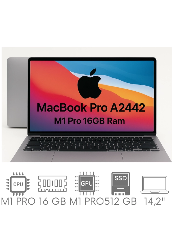 Apple MacBook Pro 14 A2442 M1 PRO 16GB 512GB SSD 14,2" Liquid Retina XDR 3024x1964 WiFi BT Kam OS Sequoia PL Gw12mc