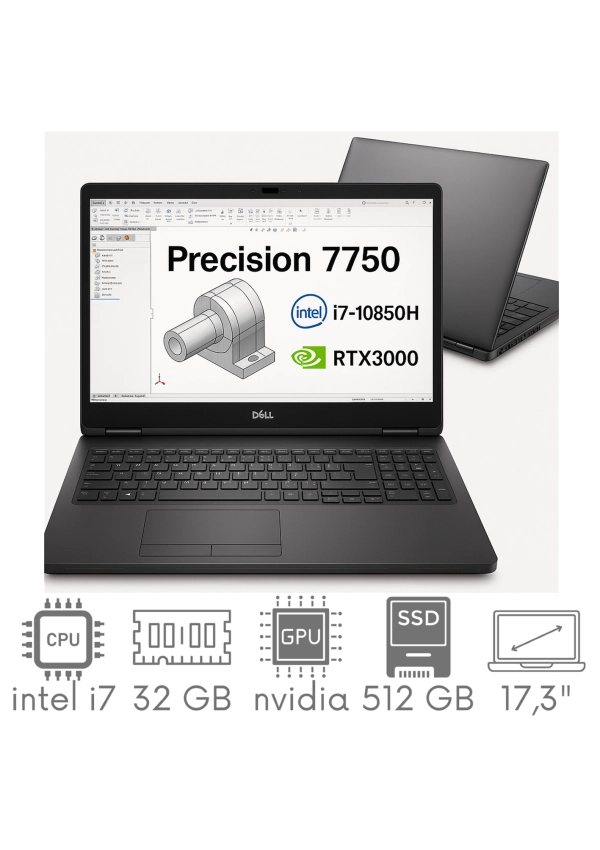 Stacja Graficzno-Robocza Dell Precision 7750 i7-10850H 32GB 512 SSD 17,3" FHD 1920x1080 RTX3000 6GB KAM WiFi BT W11Pro Gw12mc