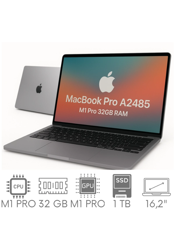 Apple MacBook Pro 16 A2485 M1 PRO 32GB 1TB SSD 16,2" Liquid Retina XDR 3456x2234 WiFi BT Kam OS Sequoia PL Gw12mc